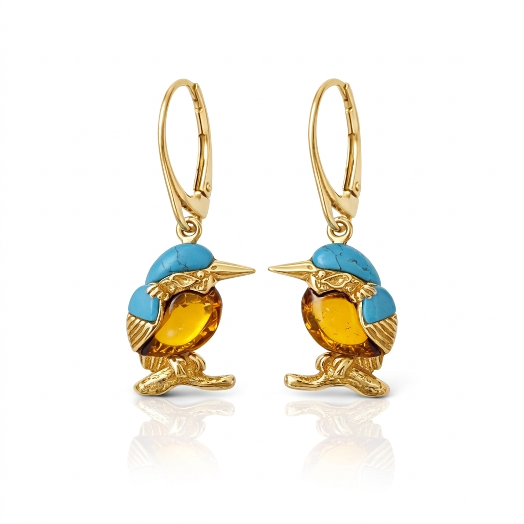 Srebrne pozłacane kolczyki w kształcie ptaków zimorodków z miodowym bursztynem i turkusem