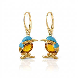 Srebrne pozłacane kolczyki w kształcie ptaków zimorodków z miodowym bursztynem i turkusem