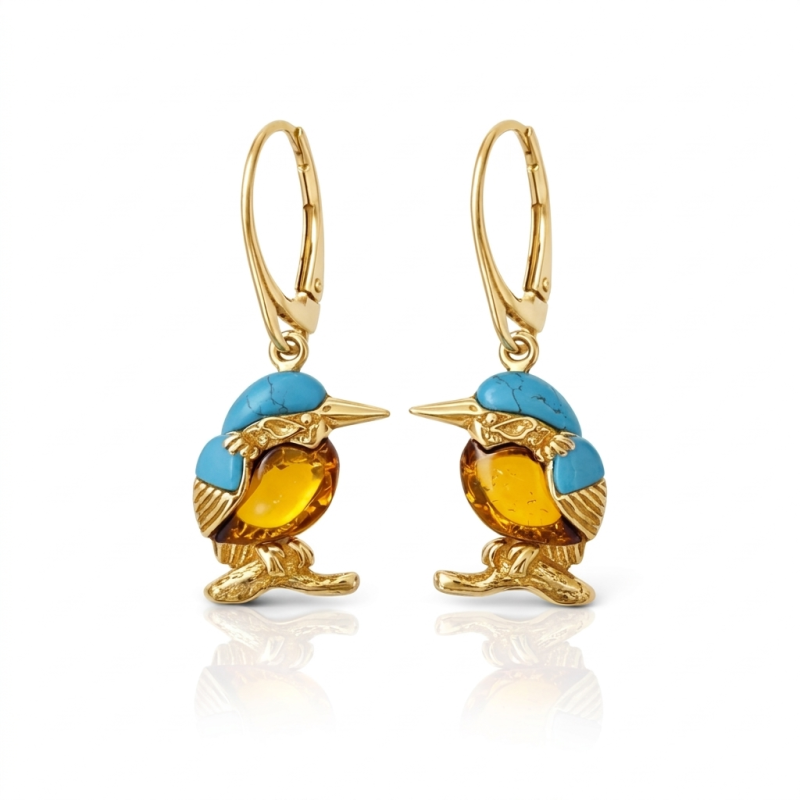 Srebrne pozłacane kolczyki w kształcie ptaków zimorodków z miodowym bursztynem i turkusem